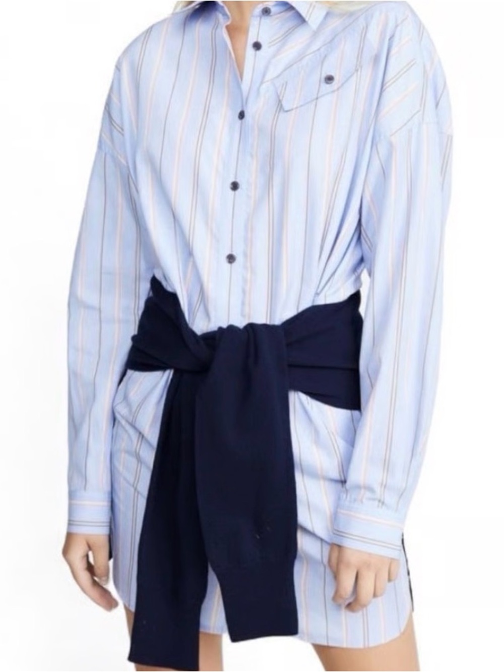 Derek L Crosby 10 Shirt Dress Light Blue Striped Button down with knit tie